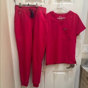 Figs Vivid Pink Scrub Set with V-Neck Top and Jogger Pants